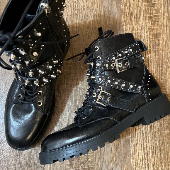 Zara Leather Jeweled Studded Moto Zara Shoe - Picture 10 of 15